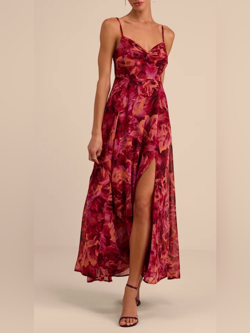 Lulus Beautiful Soul Floral Print Twist-Front Maxi Dress Burgundy XL NWT